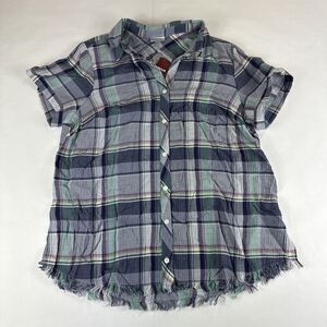Avenue Button Up Shirt Womens Sz 14/16 Plaid Short Sleeve Button Up Raw Hem Blue